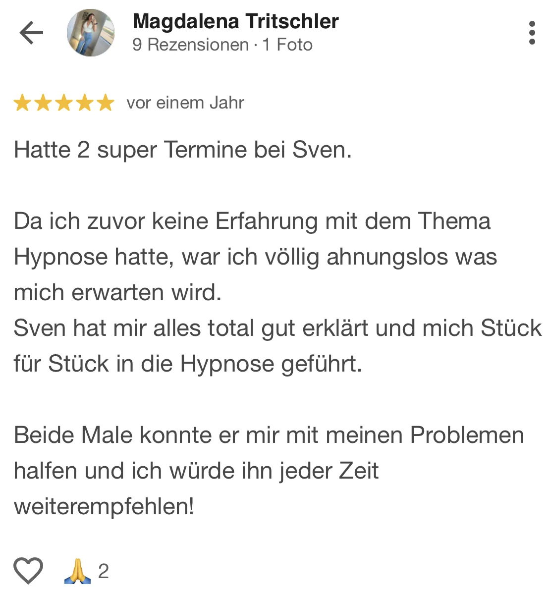 Screenshot einer veröffentlichten Kundenbewertung zu Altmann Hypnose (2 von 4)
