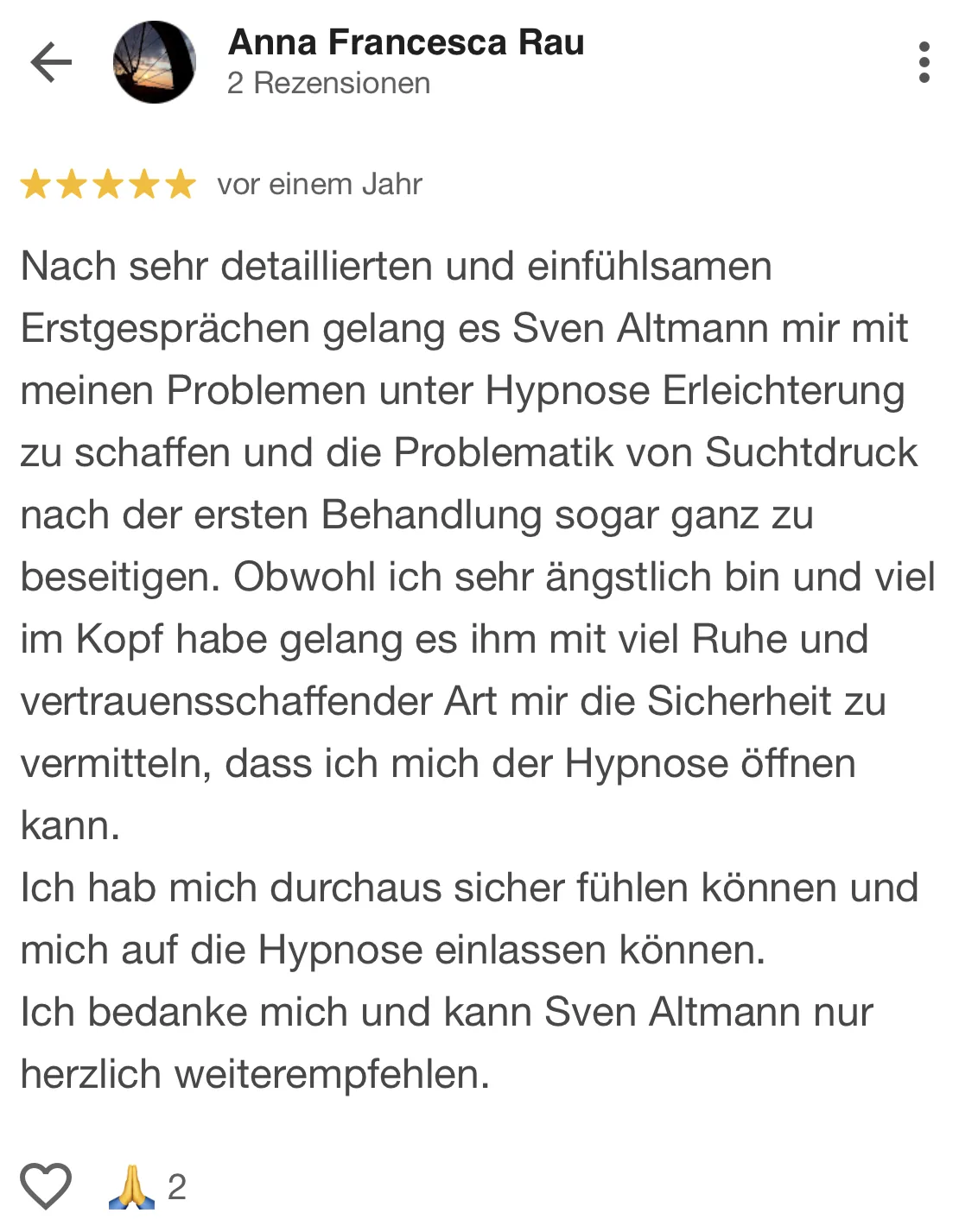Screenshot einer veröffentlichten Kundenbewertung zu Altmann Hypnose (3 von 4)
