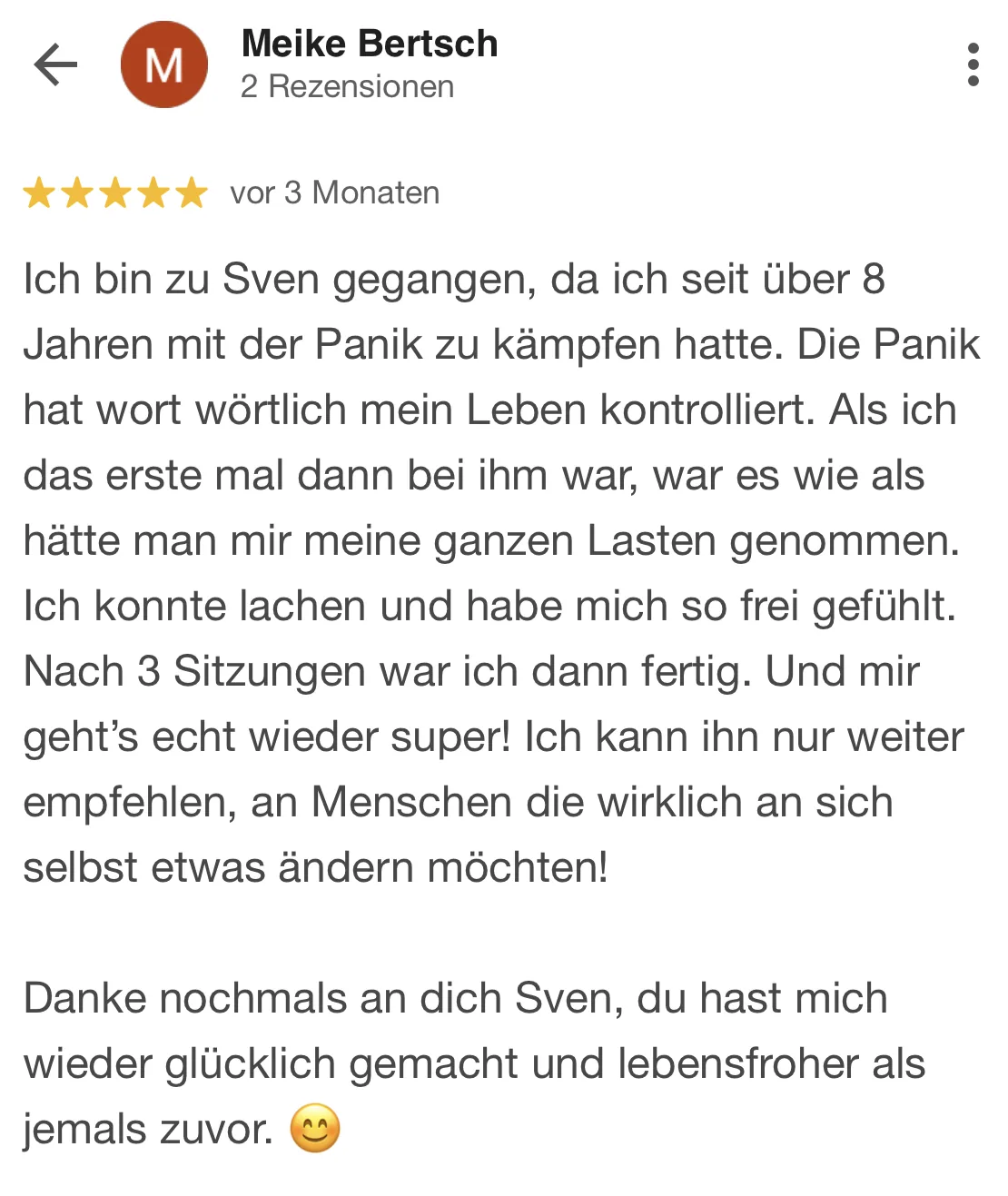 Screenshot einer veröffentlichten Kundenbewertung zu Altmann Hypnose (1 von 4)
