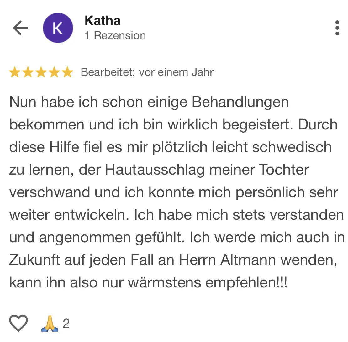 Screenshot einer veröffentlichten Kundenbewertung zu Altmann Hypnose (4 von 4)